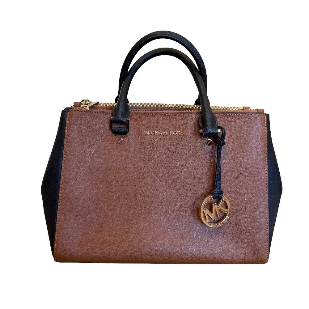 Michael Kors Sutton Saffiano Leather Tote Two Tone Brown Black Large Purse Bag